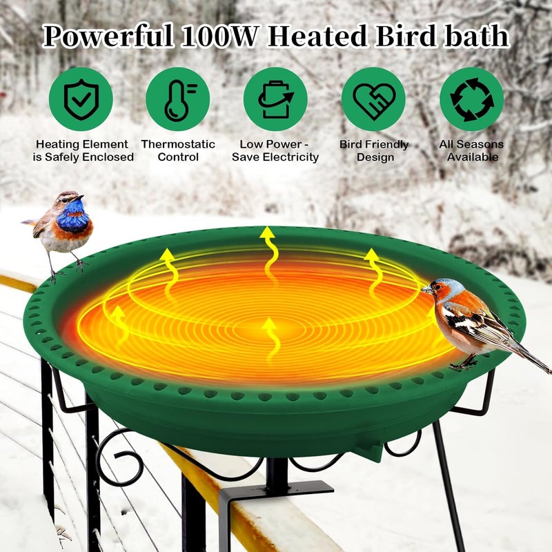 Lovppy Heated Bird Bath for Deck Railing, 100W Thermostatically Controlled Heated Bird Baths for Outdoors Bird Bath Heater, Heated Birdbath for Outside Winter Garden Patio Yard(Green) - Image 2